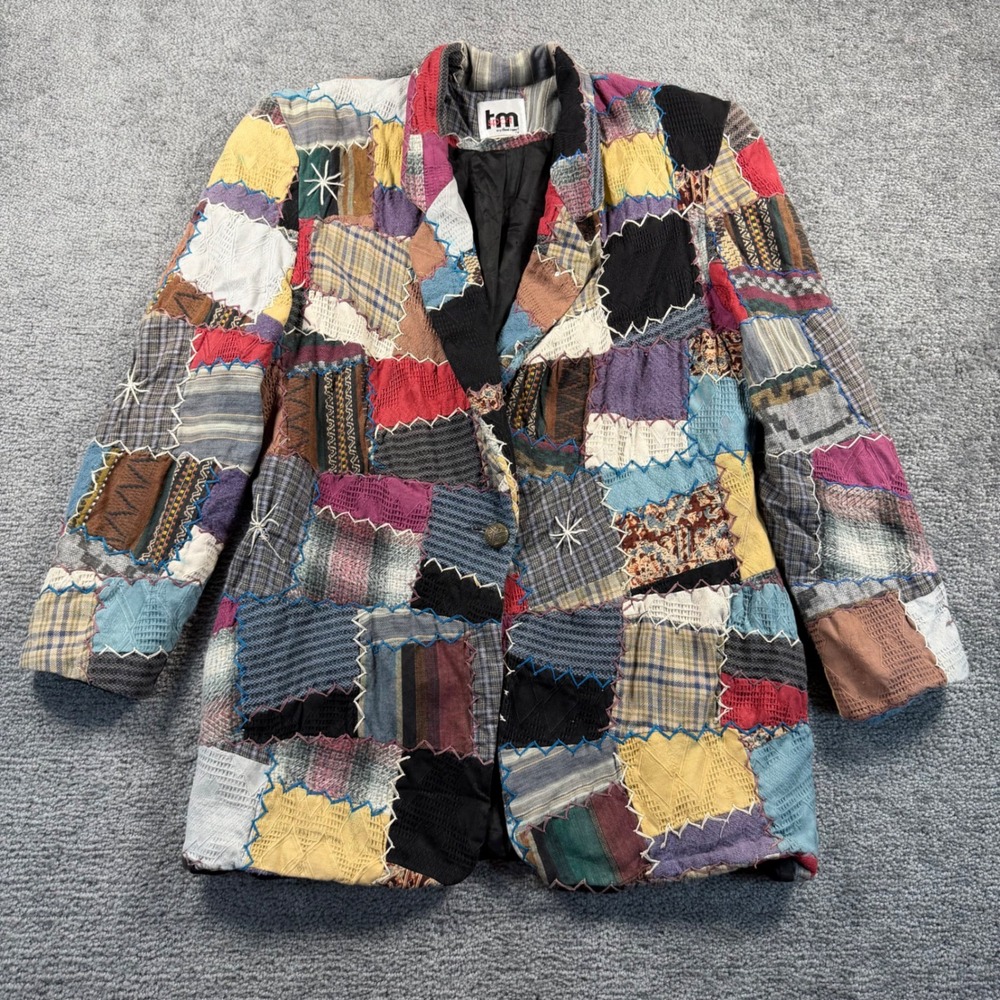 Vintage TM Sport by Thats Me Patchwork Blazer Multi Color Boho Art to Wear L